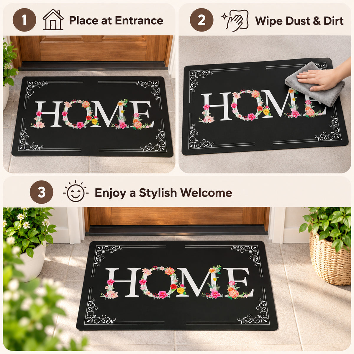 Decorative Door Mat, Floral HOME Print Non-Slip Entrance Mat (1 Pc, 75.5x44 Cm)