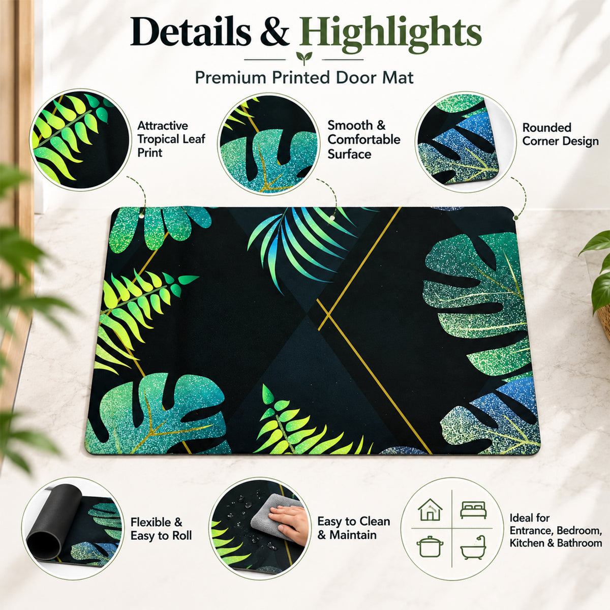 Decorative Tropical Leaf Print Floor Mat for Indoor Doorways (1 Pc, 59.5x40 Cm)