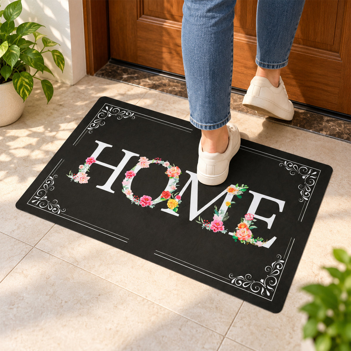 Decorative Door Mat, Floral HOME Print Non-Slip Entrance Mat (1 Pc, 75.5x44 Cm)