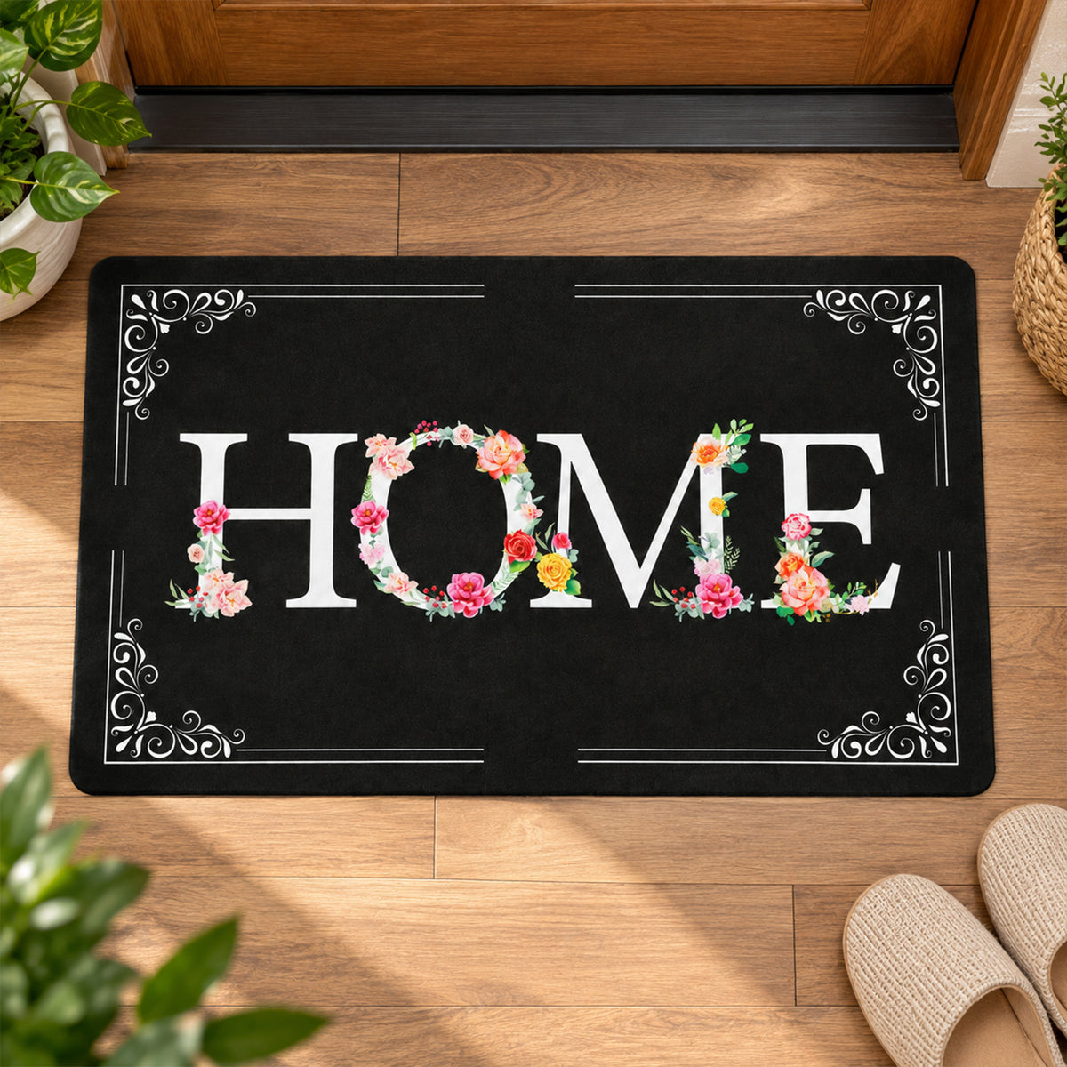 Decorative Door Mat, Floral HOME Print Non-Slip Entrance Mat (1 Pc, 75.5x44 Cm)