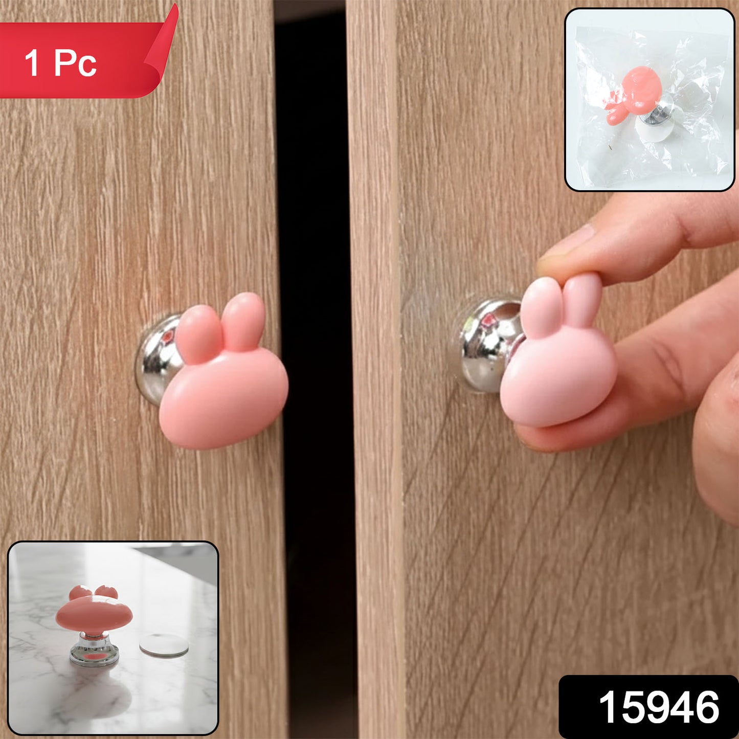 Close-up of bunny ear cabinet knob