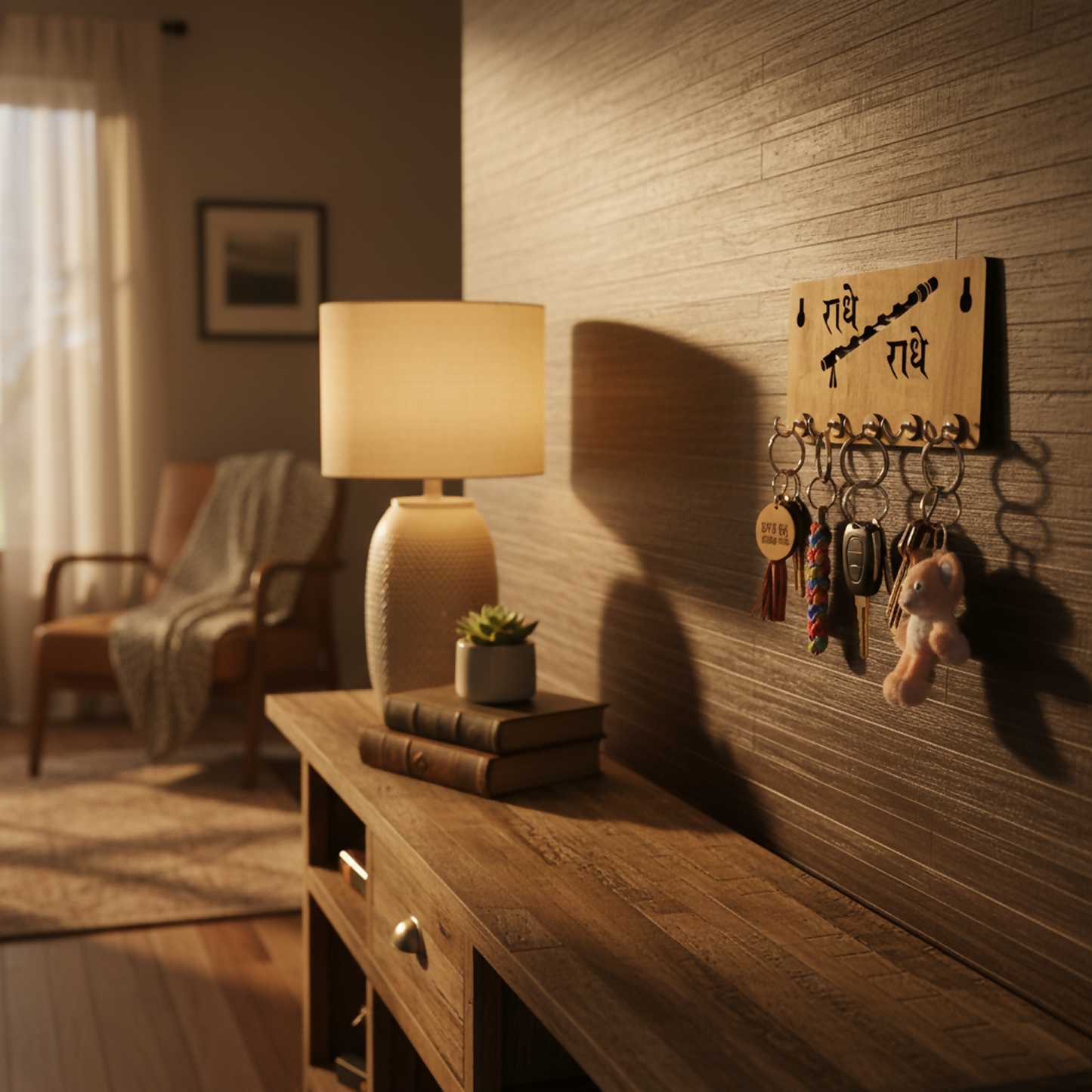 Radhe Radhe Wooden Key Holder for Wall – Krishna Devotional MDF Key Organizer with Flute Design