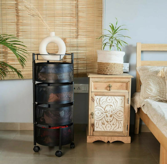 Round 4-Layer Kitchen Trolley with Rust-Resistant Mesh Baskets & 360° Swivel Wheels