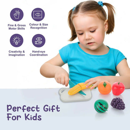 Kids Fruit Cutting Play Set with Velcro Fruits, Knife and Board for Learning Fun