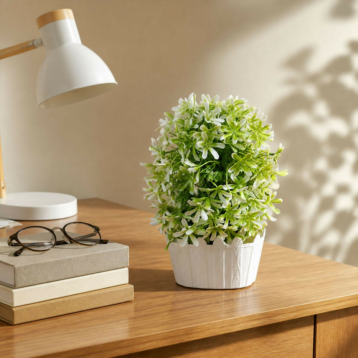 Artificial Green White Flower Plant Decorative Pot Home Office Table Centerpiece Decor