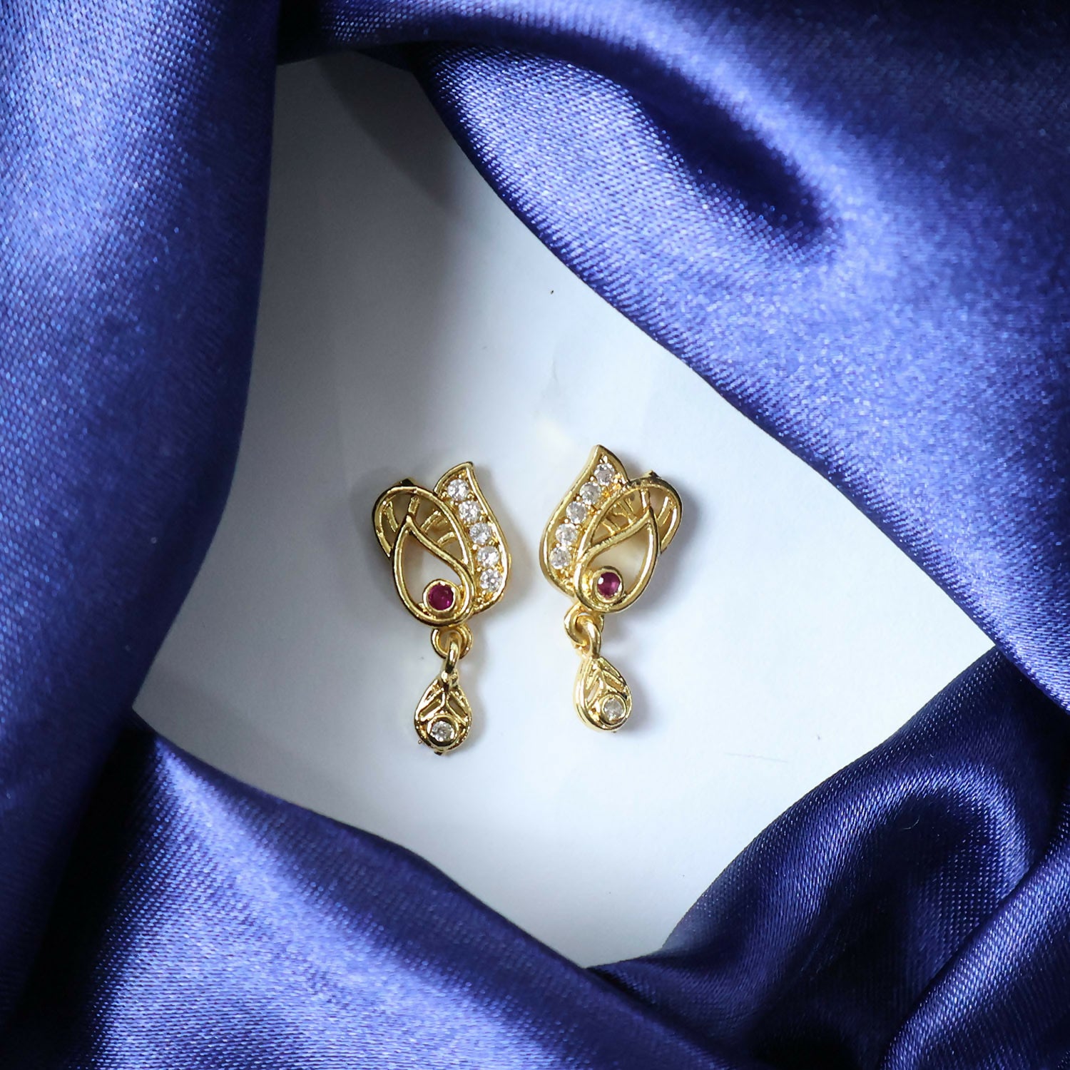 Elegant Gold Plated Stud Earrings with Ruby Accent & Drop Design