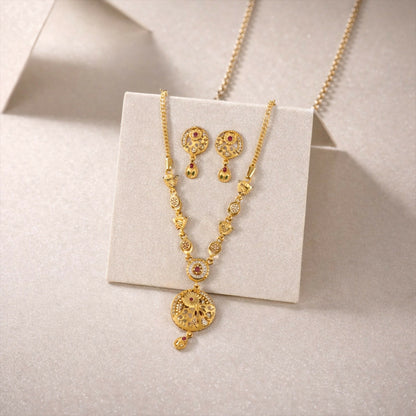 Classic Gold-Tone Floral Engraved Pendant Necklace Set with Designer Stud Earrings