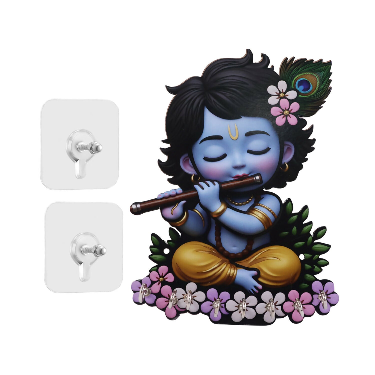 Krishna Wooden Wall Key Holder with 6 Hooks
