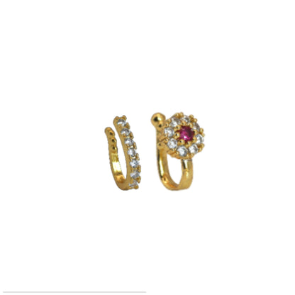 Ruby CZ Gold Plated Non-Piercing Flower Nose Ring/Clip On Nath Combo Pack of 2