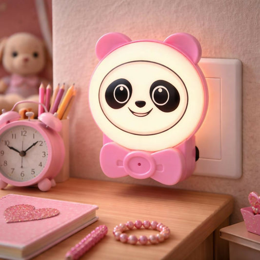 A pink panda-shaped plug-in night light with a glowing face and bow, sitting on a wooden nightstand next to a pink alarm