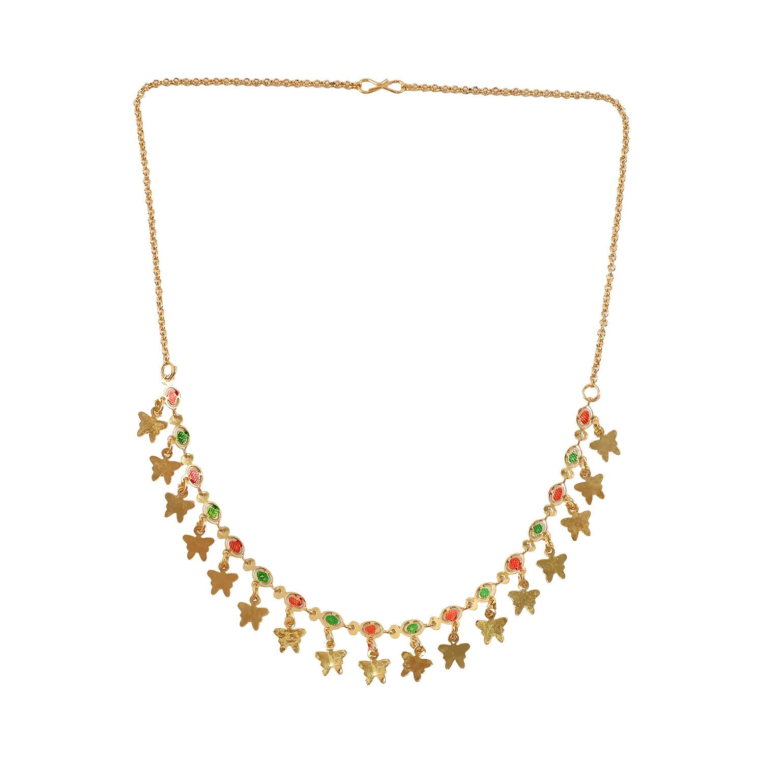 Gold Charm Necklace with Colorful Stones & Butterfly Drops