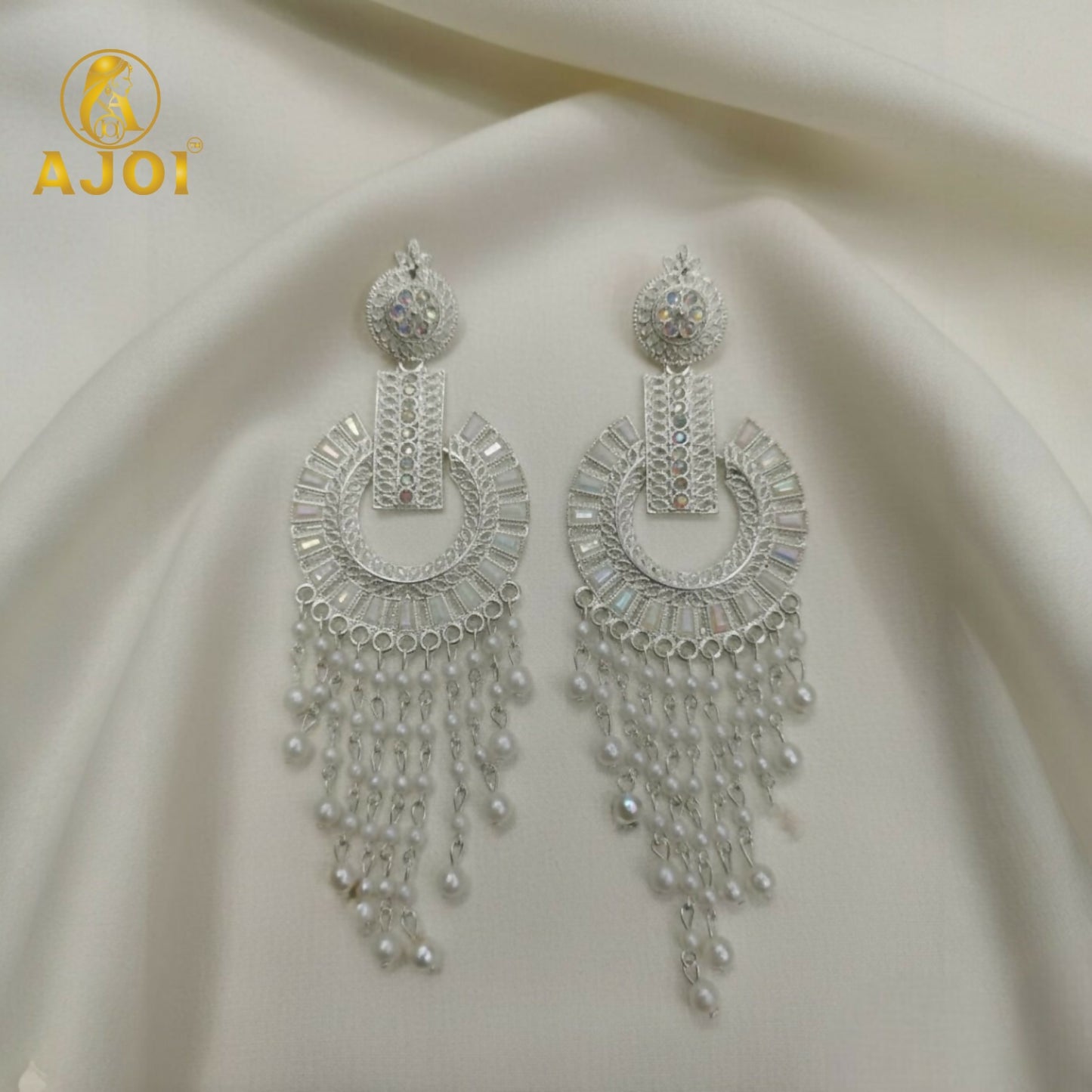 Silver-Tone Pearl Tassel Statement Earrings