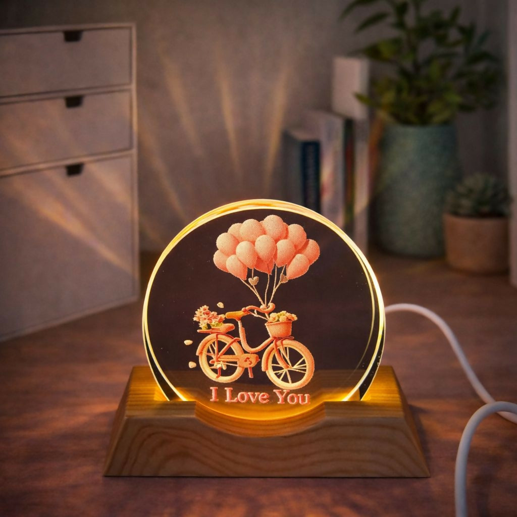 Romantic 3D Acrylic LED Night Lamp with Wooden Base for Bedroom & Gifting