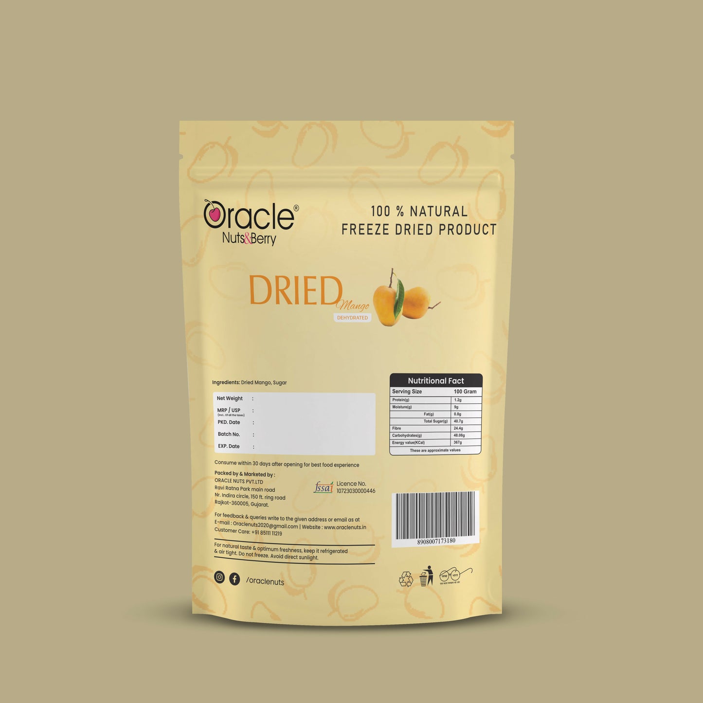 Oracle Dried Mango Dehydrated Fruit Snack 250gm Made from Naturally Ripened Mango