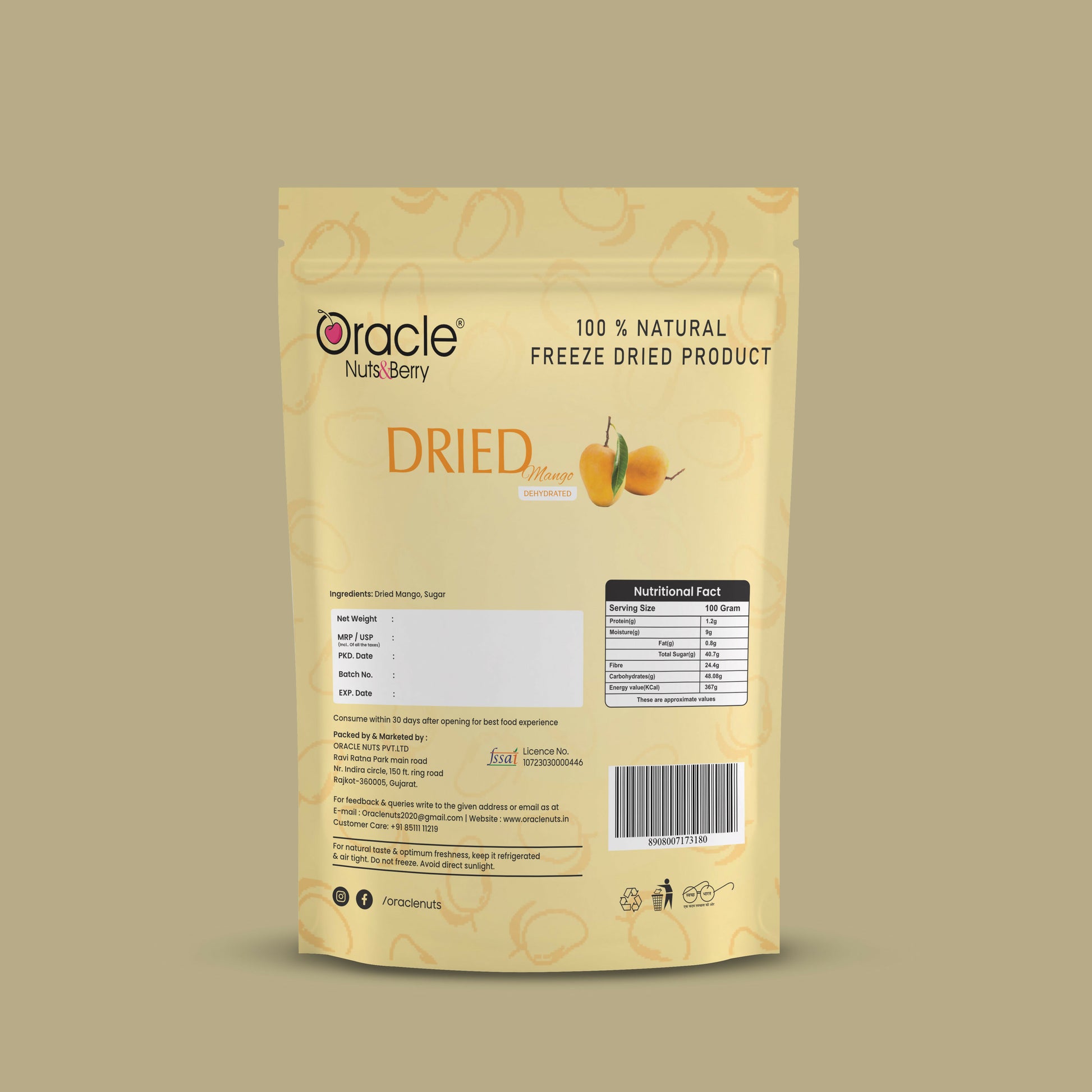 Oracle Dried Mango Dehydrated Fruit Snack 250gm Made from Naturally Ripened Mango