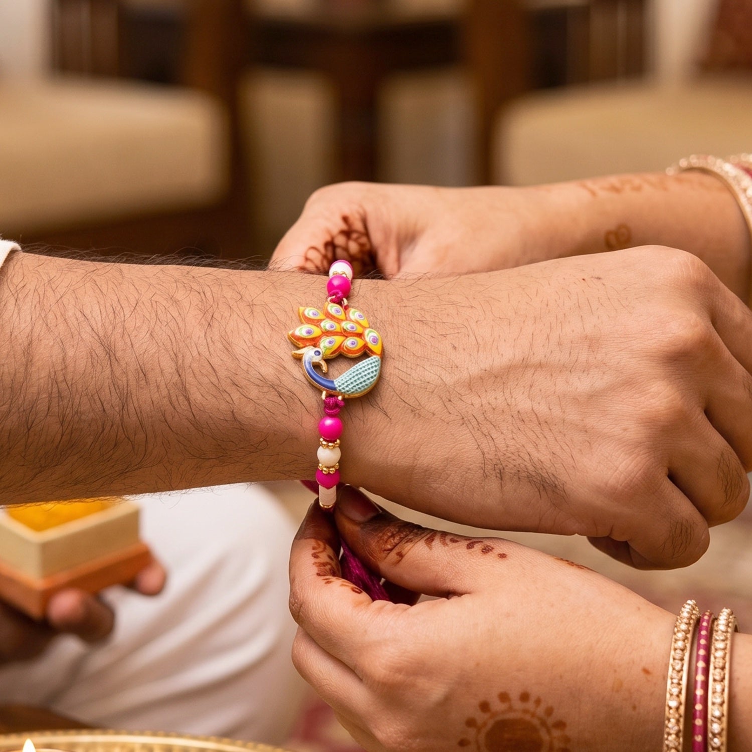 Elegant Peacock Meenakari Rakhi showing craftsmanship