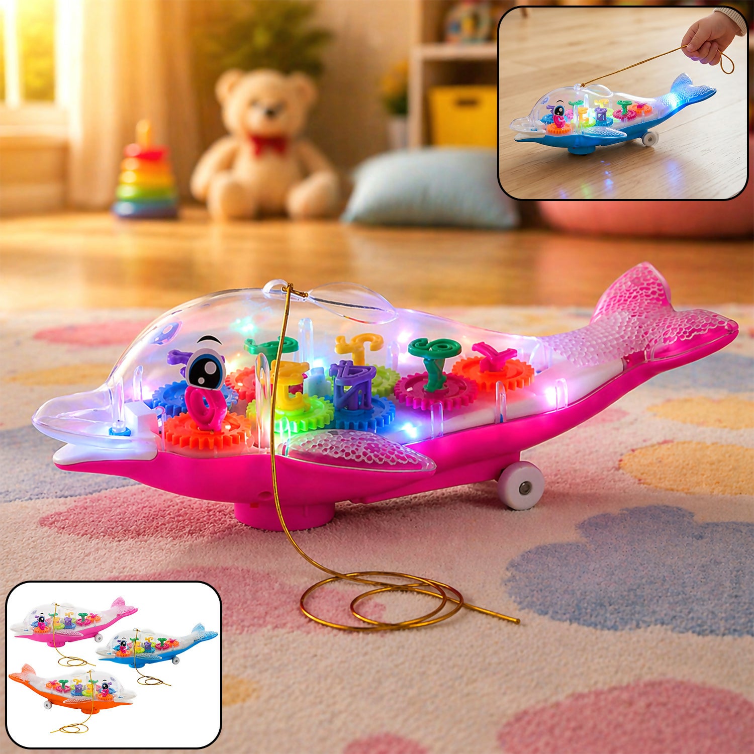 Light-up dolphin toy showing flashing multicolor lights