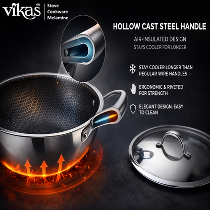 Hollow cast steel handle on Vikas Honeycomb Kadai