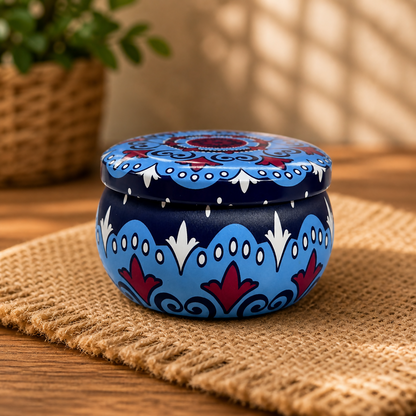 Decorative metal tin container highlighting patterned print