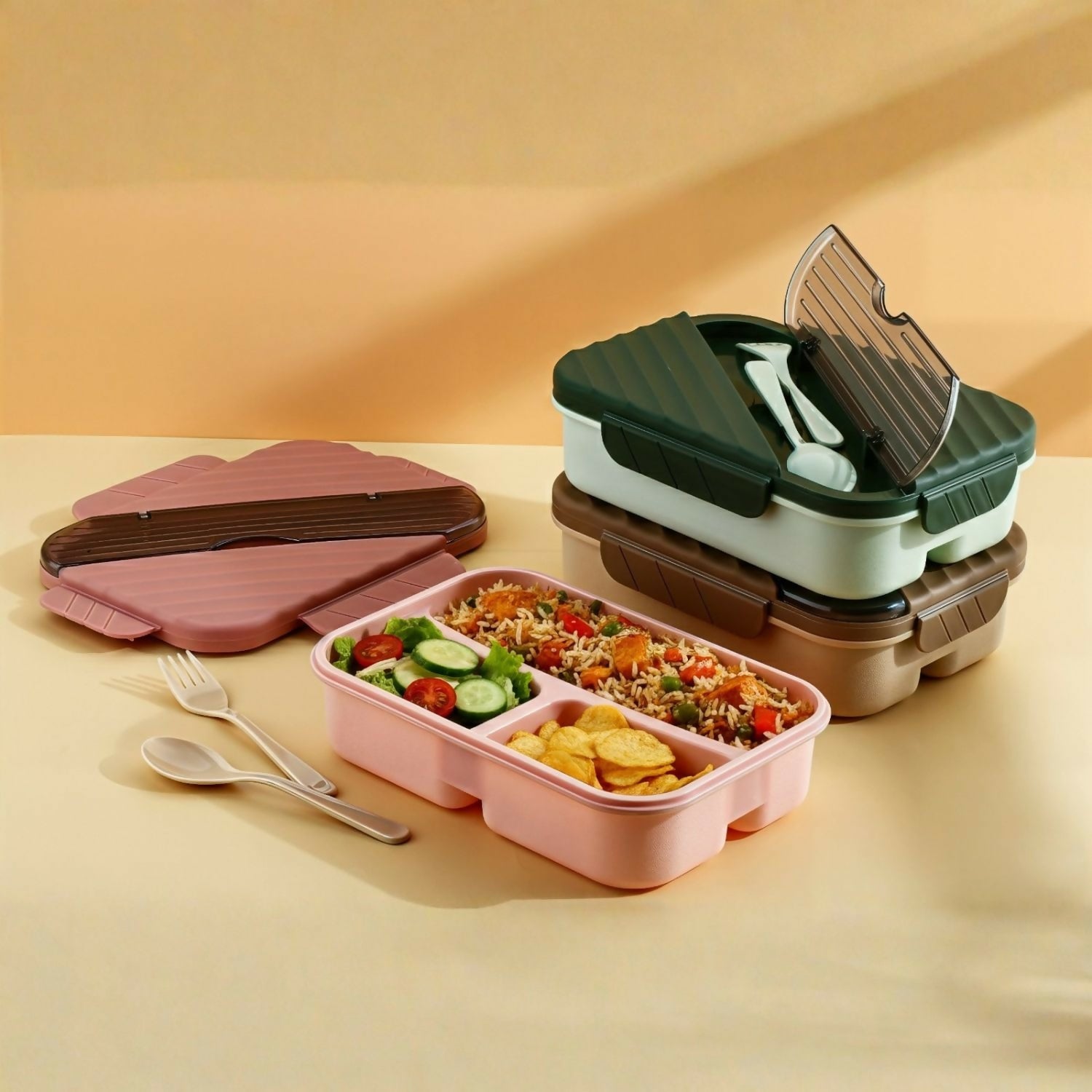 A pink bento lunch box with three compartments filled with rice, salad, and chips, next to a fork and spoon.