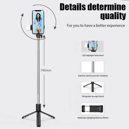 RLS 3-in-1 Selfie Stick Tripod with Detachable Wireless Remote & LED Fill Light for Smartphones – Extendable Portable Selfie Stick Stand with Adjustable Phone Holder for Selfies, Vlogging, Video Calls & Travel