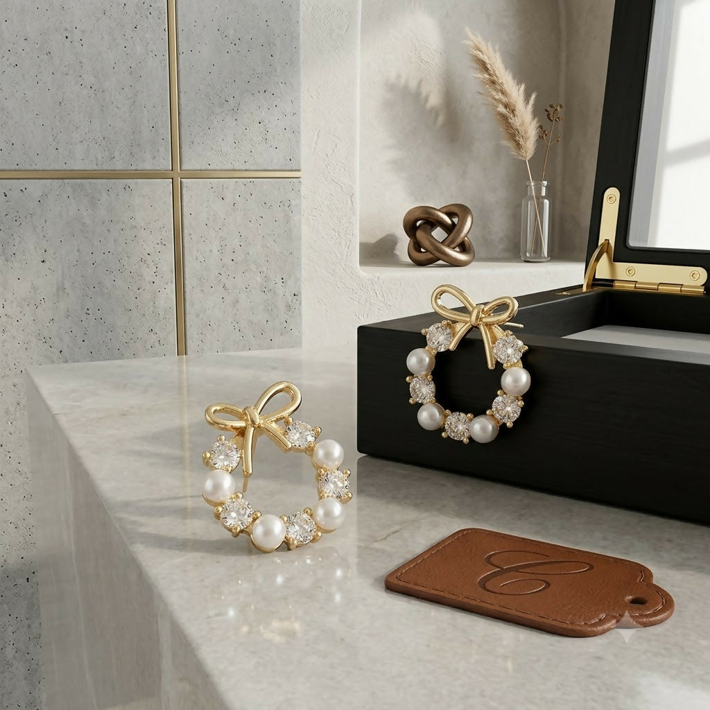 Gold-Tone Bow and Pearl Wreath Earrings - Elegant Jewelry
