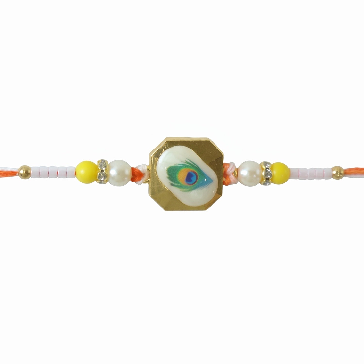 Side view of peacock feather rakhi with colorful thread