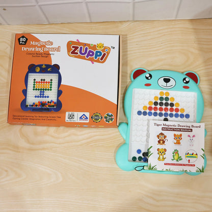 Overhead view of the Zuppi Bear magnetic pixel art board with a partially completed design.
