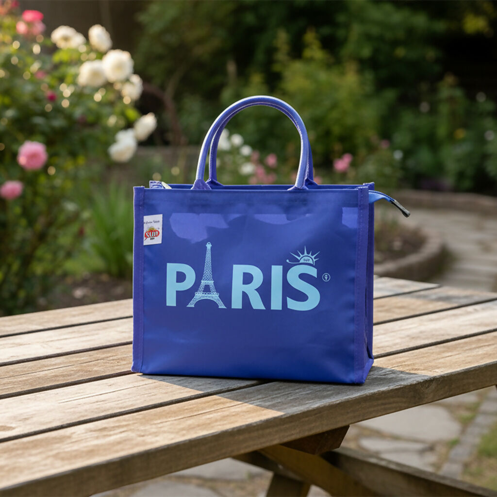 Multicolor Paris Reusable Shopping Bag with Eiffel Tower Print – Foldable Eco Tote Bag with Zipper & Handles – Durable Travel, Grocery, and Everyday Carry Bag