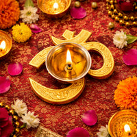 Golden OM Symbol Diya Holder for Pooja and Festival Decoration