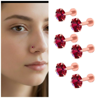Rose gold plated ruby red cubic zirconia nose stud flat back design