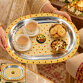 Decorative Oval Serving Tray with Peacock Motif and Ornate Border for Tea and Snacks