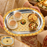 Decorative Oval Serving Tray with Peacock Motif and Ornate Border for Tea and Snacks