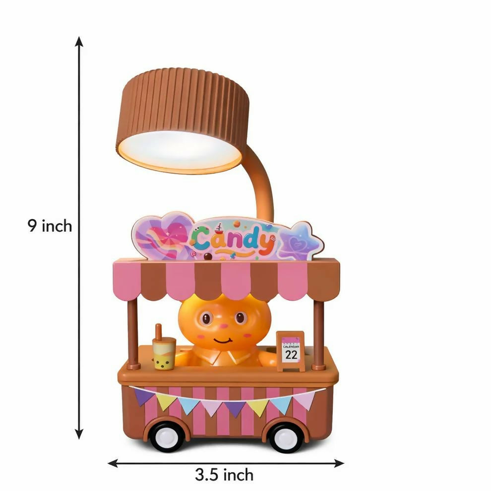 A brown and pink candy cart desk lamp with a glowing light, on a white background with height and width measurements.