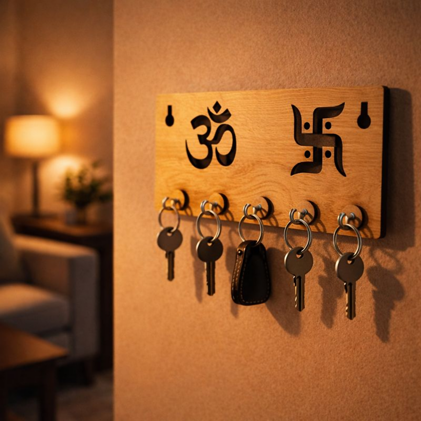Wooden Key Holder for Wall – Om & Swastik MDF Key Organizer with 6 Hooks | Spiritual Wall Key Stand for Home Décor