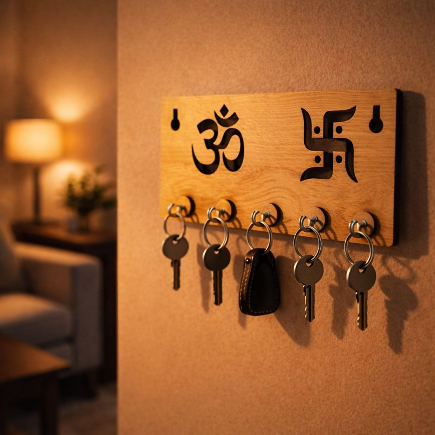 Wooden Key Holder for Wall – Om & Swastik MDF Key Organizer with 6 Hooks | Spiritual Wall Key Stand for Home Décor