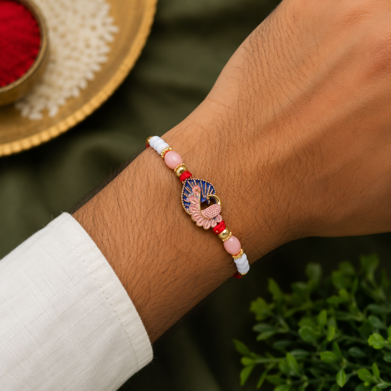 A man's arm wears a red thread with a gold and blue peacock charm, flanked by pink, white, and gold beads.