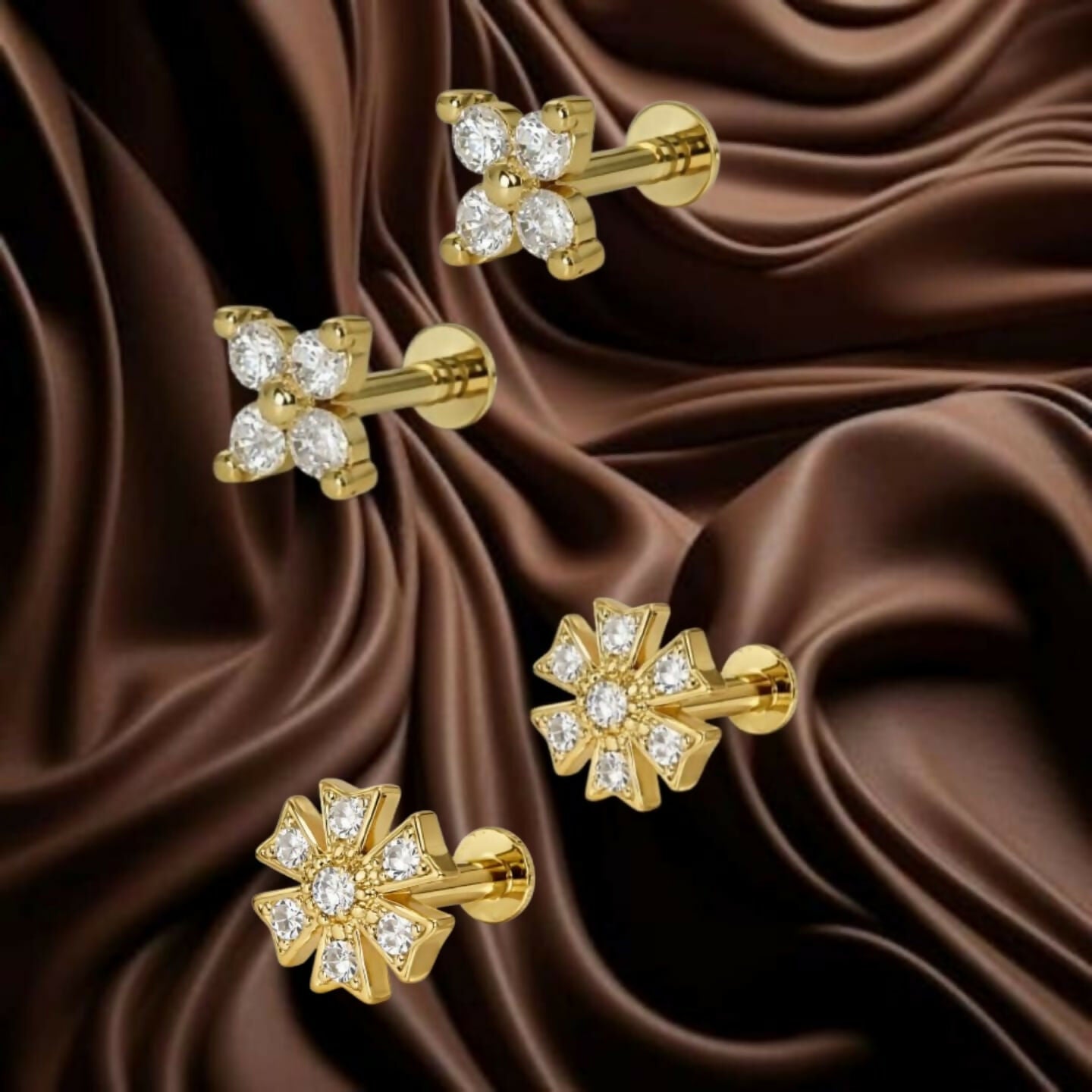 Pair of floral gold flat back stud earrings with sparkling crystals