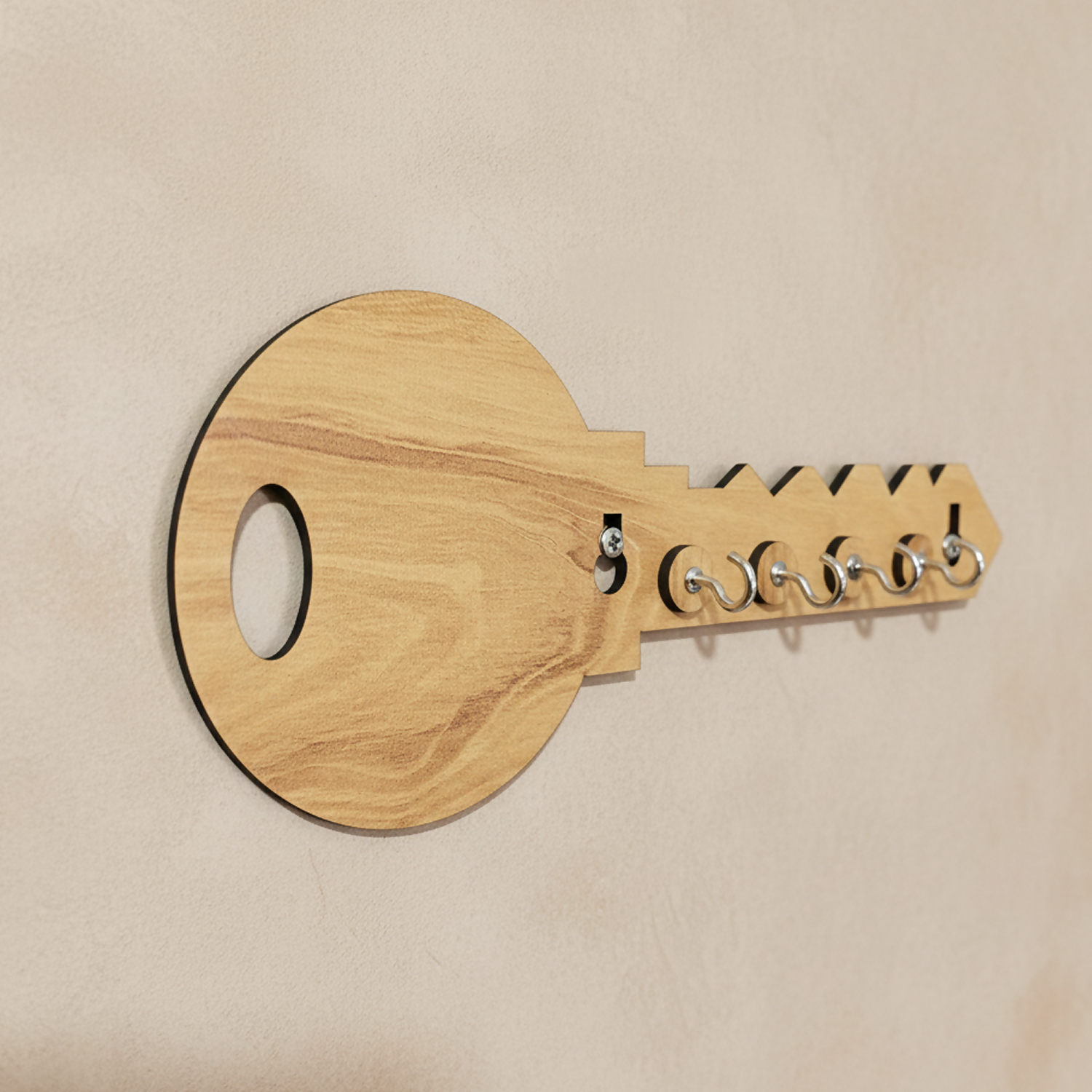 Key-Shaped Wooden Key Holder for Wall – Decorative MDF Wall Key Organizer with 5 Hooks | Modern Home Décor Key Stand