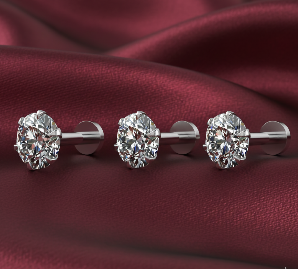 Front view of flat back silver plated solitaire stud earring with round cubic zirconia