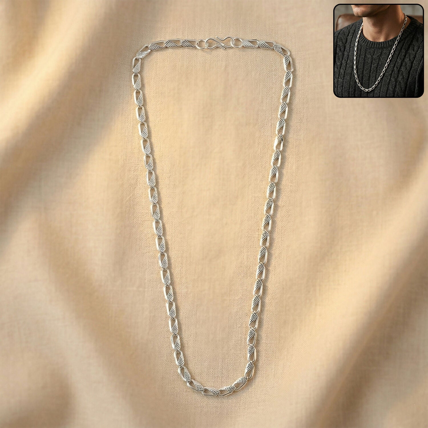 Elegant silver tone textured chain necklace with interlocking links