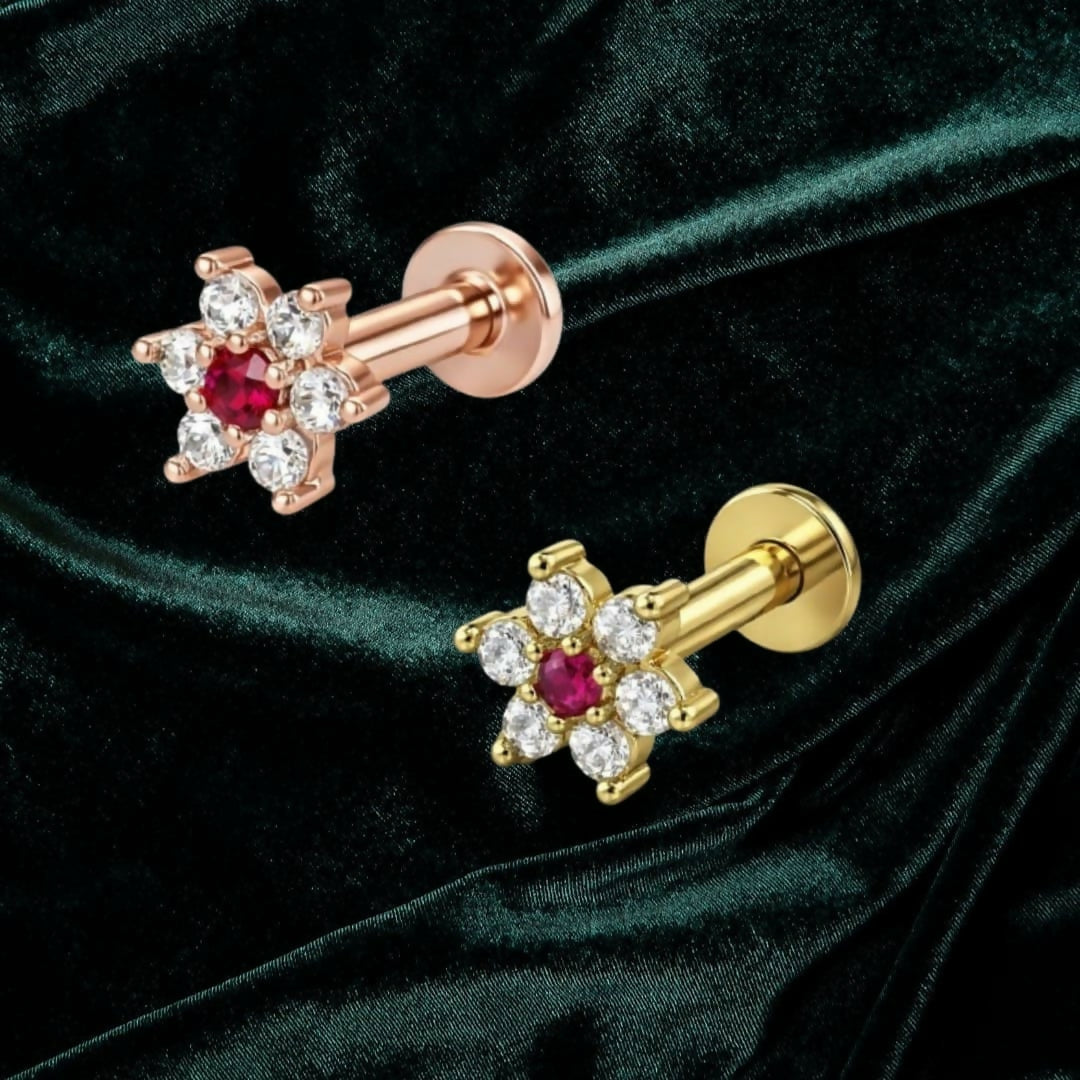 Ruby flower gold plated nosepin stud with lab-grown ruby center and crystal halo