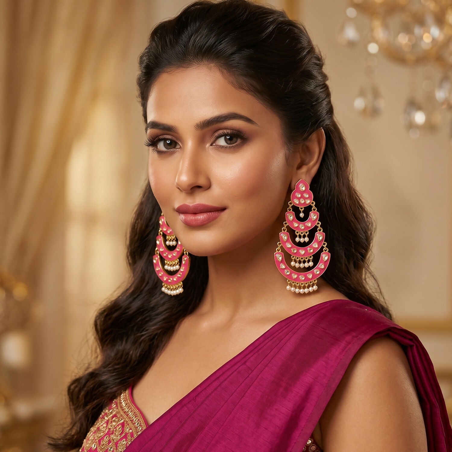 Close-up of decorative stone accents on chandbali earrings