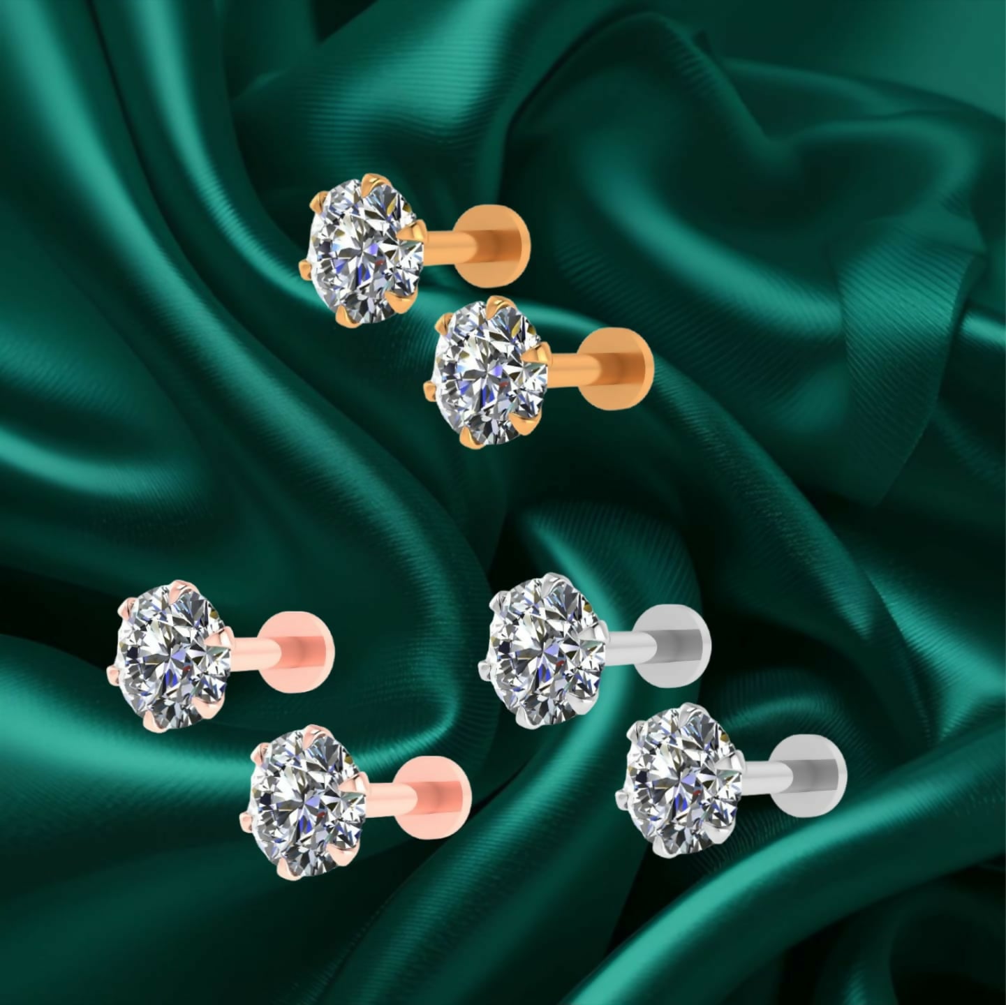 Silver Gold rose Plated Round AD Solitaire Flat Back Stud Earrings Combo Pack of 3