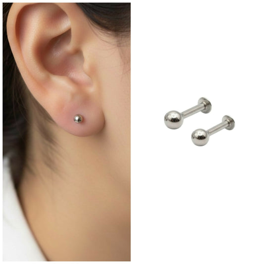 silver plated Back Stud Earrings Small Ball Labret Piercing for women and girls Combo Pack of 2