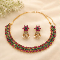 Green maroon chipes and gold tone premium traditional necklace set