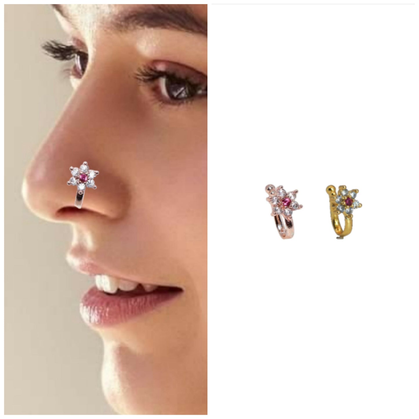 Non-Piercing CZ Nose Clip Set - Flower & Pave Hoop Combo Pack of 2