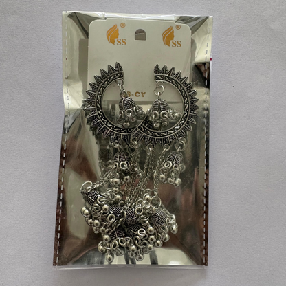 Oxidized Crescent Chandbali Earrings Featuring Long Jhumka Chains and Classic White Pearl Embellishments