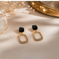 Korean Black Stone Earrings – Elegant Geometric Drop Design