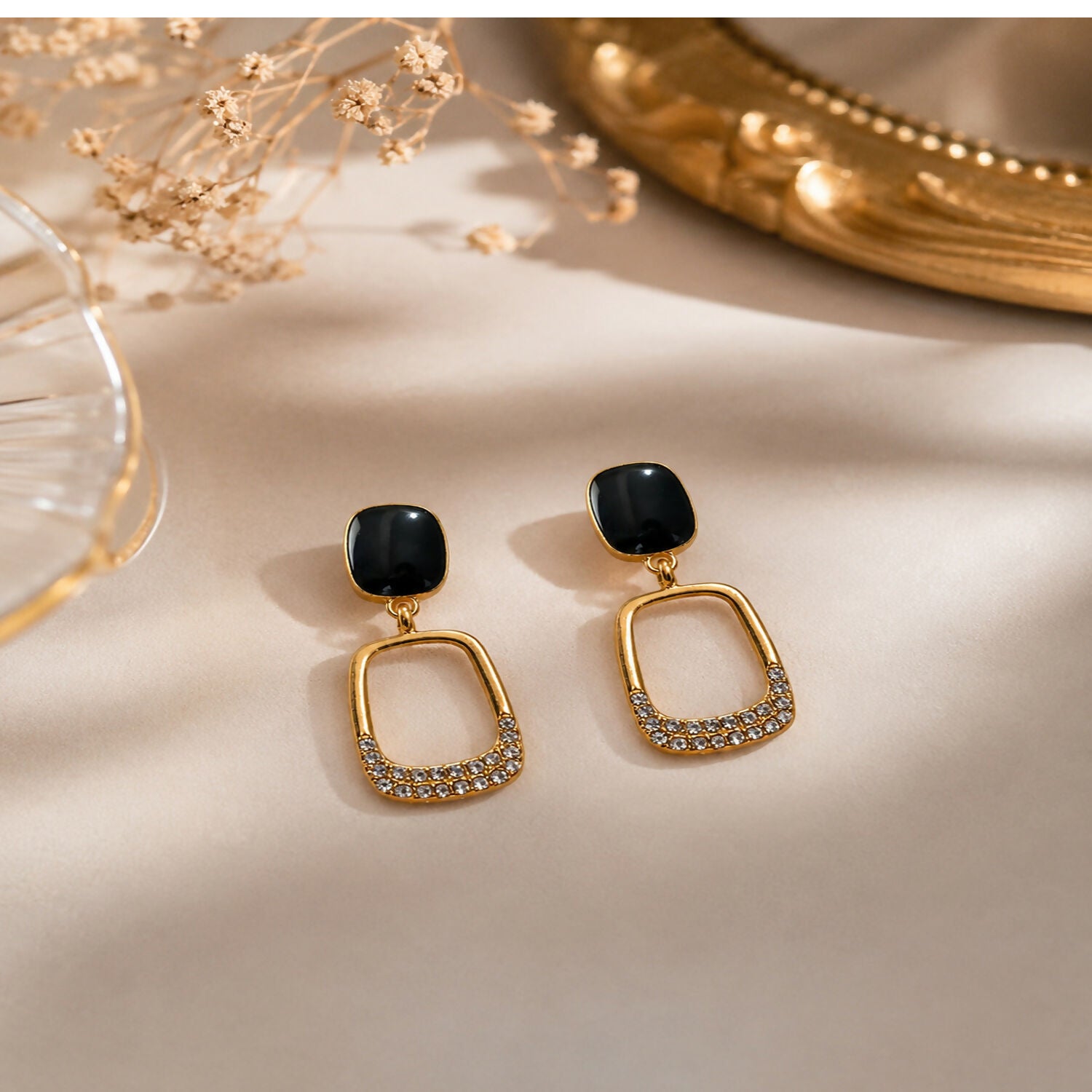 Korean black stone gold plated geometric drop earrings display